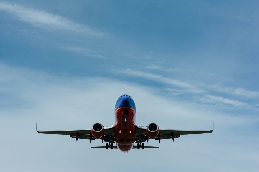 A jet plane flying overhead.