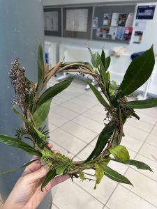 Christmas wreath made from twigs, dried flowers, leaves.