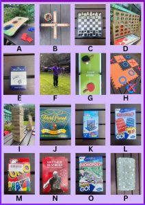Photo collage of 16 board games and objects, labelled A to P. A: bean bag cornhole game; B: horseshoe toss game variation; C: international chess board; D: connect 4 in a row; E: deck of poker cards; F: three hoola hoops; G: mini table tennis; H: giant tic-tac-toe; I: Jenga tower; J: trivia card set; K: mini connect 4 in a row; L: Guess Who? game; M: UNO; N: table tennis balls; O: Monopoly Grab & Go set; P: picnic blanket with small bees and flowers pattern.