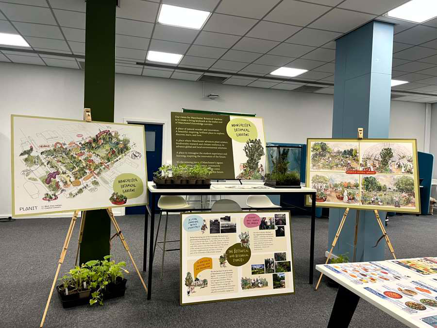 Four poster boards on easels displaying illustrations and descriptions of a future Botanical Gardens, arranged around a high table with a terrarium and house plant giveaways.