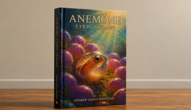 A hard-cover copy of Anemone TTRPG Trilogy by Andrew Angus-Whiteoak, featuring an illustrated tadpole on the cover, standing on a wooden surface against a neutral background.