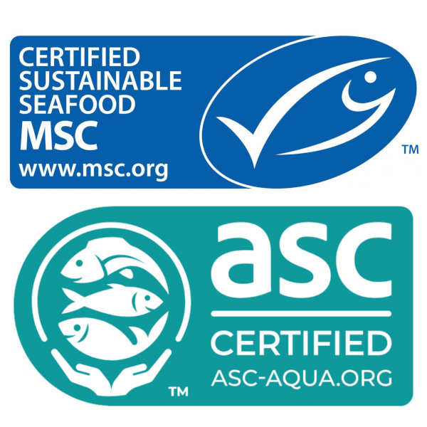 Marine Stewardship Council (MSC) and Aquaculture Stewardship Council (ASC) certification logos.