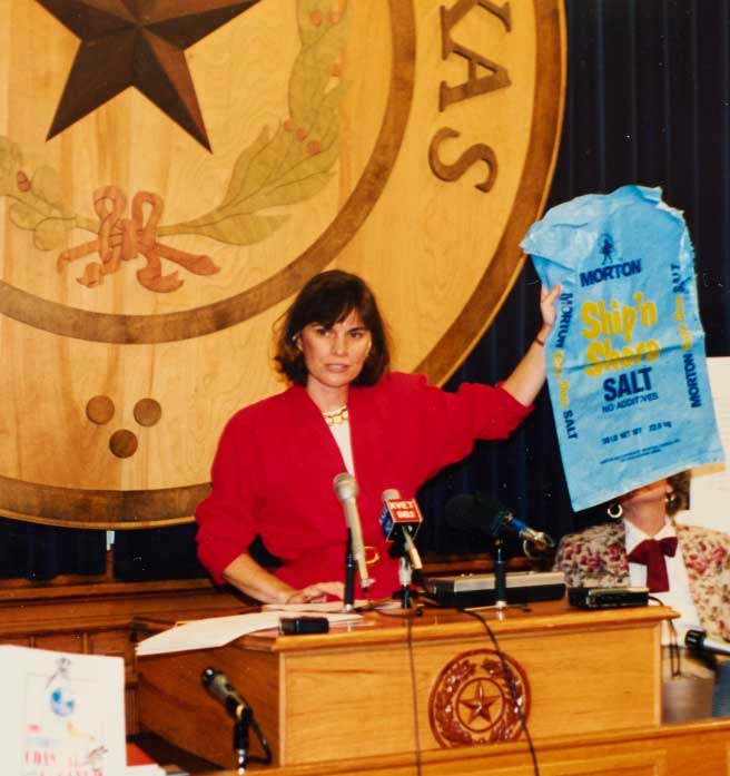 Linda Maraniss testifying at the Texas state assembly against plastic pollution in the Gulf of Mexico in the early 1990s.