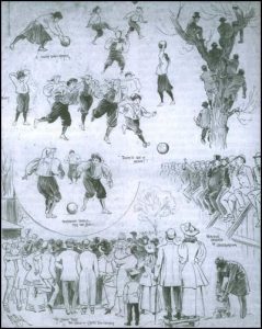 Three part illustration of women playing football in 1885, with a crowd watching 