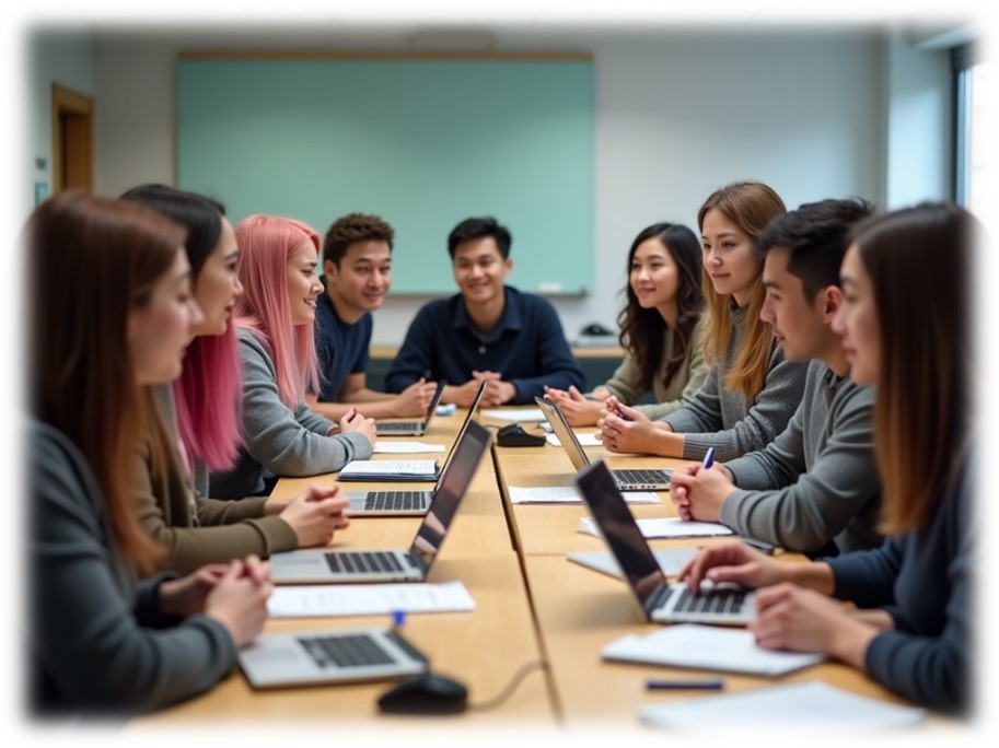 A group of people with laptops are sitting around a table and looking at each other.