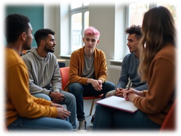 A group of people is sitting on chairs in a circle, having a conversation. One of them has a pen and a notebook.