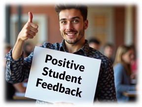 A person has their right hand raised and thumbs up. In their left hand they are holding a white board with black letters which spell: "Positive Student Feedback".