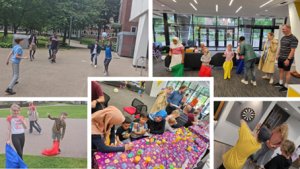 5 pictures joined together. 3 on the left are showing children playing outside and 2 on the right inside a room.