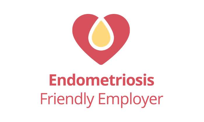 A heart with a drop of blood with the text 'Endometriosis Friendly Employer' underneath