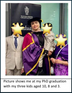 Dr Sayema Rahman Khan at their PhD graduation with their three kids.