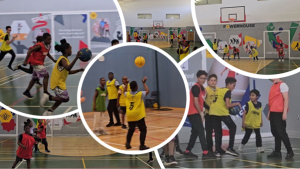 The image shows a collage of several photos taken during a basketball game in an indoor gymnasium. The players, who appear to be children, are wearing yellow and red jerseys. Some players are seen dribbling the ball, while others are attempting to shoot or pass. The background includes basketball hoops, gym walls with various posters and logos, and other sports equipment.