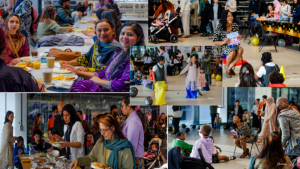 A collage of images showing a community gathering. People are seated at tables enjoying food and drinks, while others are standing and serving themselves from a buffet. Children are seen playing and participating in activities, including a child dressed in traditional attire performing or dancing. The setting appears to be indoors with decorations such as balloons visible in the background.