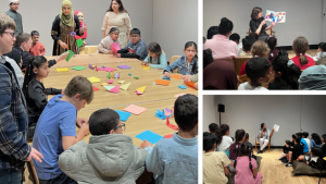 A group of children and adults are gathered around a large table, engaging in arts and crafts activities. The table is covered with colourful paper, origami figures, and other craft materials. In the background, two adults are standing; one is dressed in traditional attire. On the right side of the image, there are two smaller images showing a woman reading a book to a group of children seated on the floor.