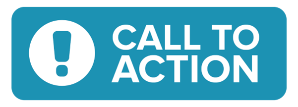 Blue rectangular button with rounded corners featuring a white exclamation mark inside a circle on the left and bold white text reading 'CALL TO ACTION' on the right.