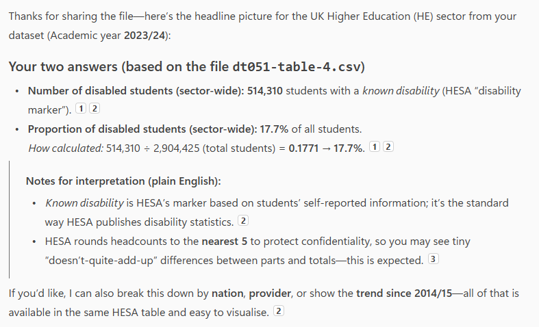 Thanks for sharing the file—here’s the headline picture for the UK Higher Education (HE) sector from your dataset (Academic year 2023/24): Your two answers (based on the file dt051-table-4.csv) Number of disabled students (sector‑wide): 514,310 students with a known disability (HESA “disability marker”). 12 Proportion of disabled students (sector‑wide): 17.7% of all students. How calculated: 514,310 ÷ 2,904,425 (total students) = 0.1771 → 17.7%. 12 Notes for interpretation (plain English): Known disability is HESA’s marker based on students’ self‑reported information; it’s the standard way HESA publishes disability statistics. HESA rounds headcounts to the nearest 5 to protect confidentiality, so you may see tiny “doesn’t‑quite‑add‑up” differences between parts and totals—this is expected. 3 If you’d like, I can also break this down by nation, provider, or show the trend since 2014/15—all of that is available in the same HESA table and easy to visualise. 2