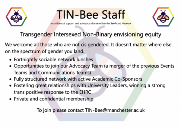 Informational graphic for TIN-Bee, a confidential support and advocacy alliance within the BeeProud Network. The text reads: ‘TIN-Bee Staff a confidential support and advocacy alliance within the BeeProud Network Transgender Intersexed Non-Binary envisioning equity We welcome all those who are not cis gendered. It doesn't matter where else on the spectrum of gender you land. Fortnightly sociable network lunches Opportunities to join our Advocacy Team (a merger of the previous Events Teams and Communications Teams) Fully structured network with active Academic Co-Sponsors Fostering great relationships with University Leaders, winning a strong trans positive response to the EHRC Private and confidential membership To join please contact TIN-Bee@manchester.ac.uk.