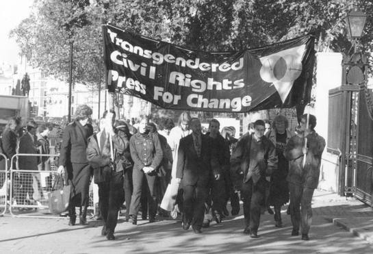 A group of people march together holding a large banner that reads “Transgendered Civil Rights — Press for Change.” The march takes place outdoors on a sunlit street, with trees and railings visible in the background. The participants walk in a unified formation, suggesting an organised demonstration or rally for transgender civil rights.