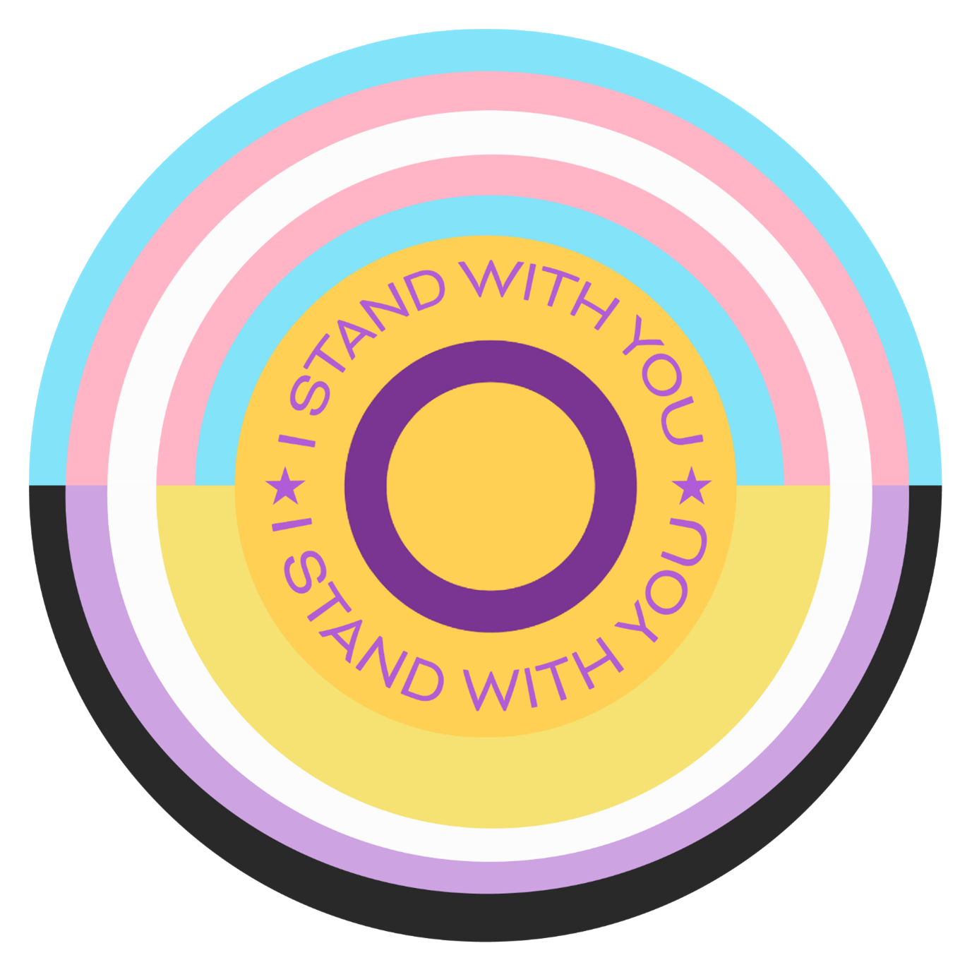A circular badge featuring concentric stripes in the colors of the transgender flag (light blue, pink, and white) and the non‑binary flag (yellow, white, purple, and black). In the center is a yellow circle outlined in purple. Around it, in purple text, are the words ‘I STAND WITH YOU’ repeated twice with small star icons separating the phrases