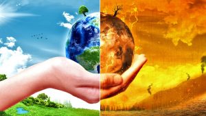 Artist’s depiction of global warming and climate change - and image of a globe in a hand