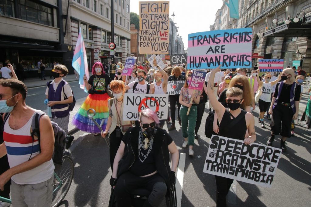 Despite the risks of the pandemic, communities came together for the Trans+ Pride March in London, protesting against inequalities experienced by transgender people in “normal” life. Photo credit: Steve Eason, 12 September 2020.