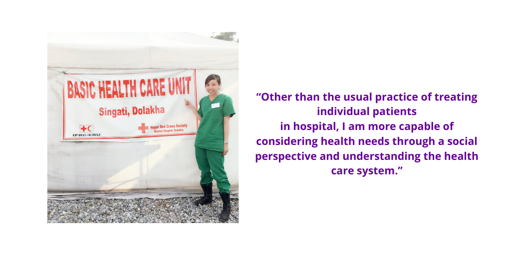 an image of Gloria standing next to a basic health care unit tent. On the right side of the image, some words which read: "Other than the usual practice of treating individual patients in hospital, I am more capable of considering health needs through a social perspective and understanding the health care system."
