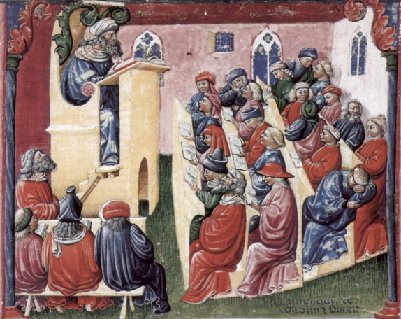 Medieval fresco of a man lecturing from behind a lectern to rows of students (two of whom are asleep)