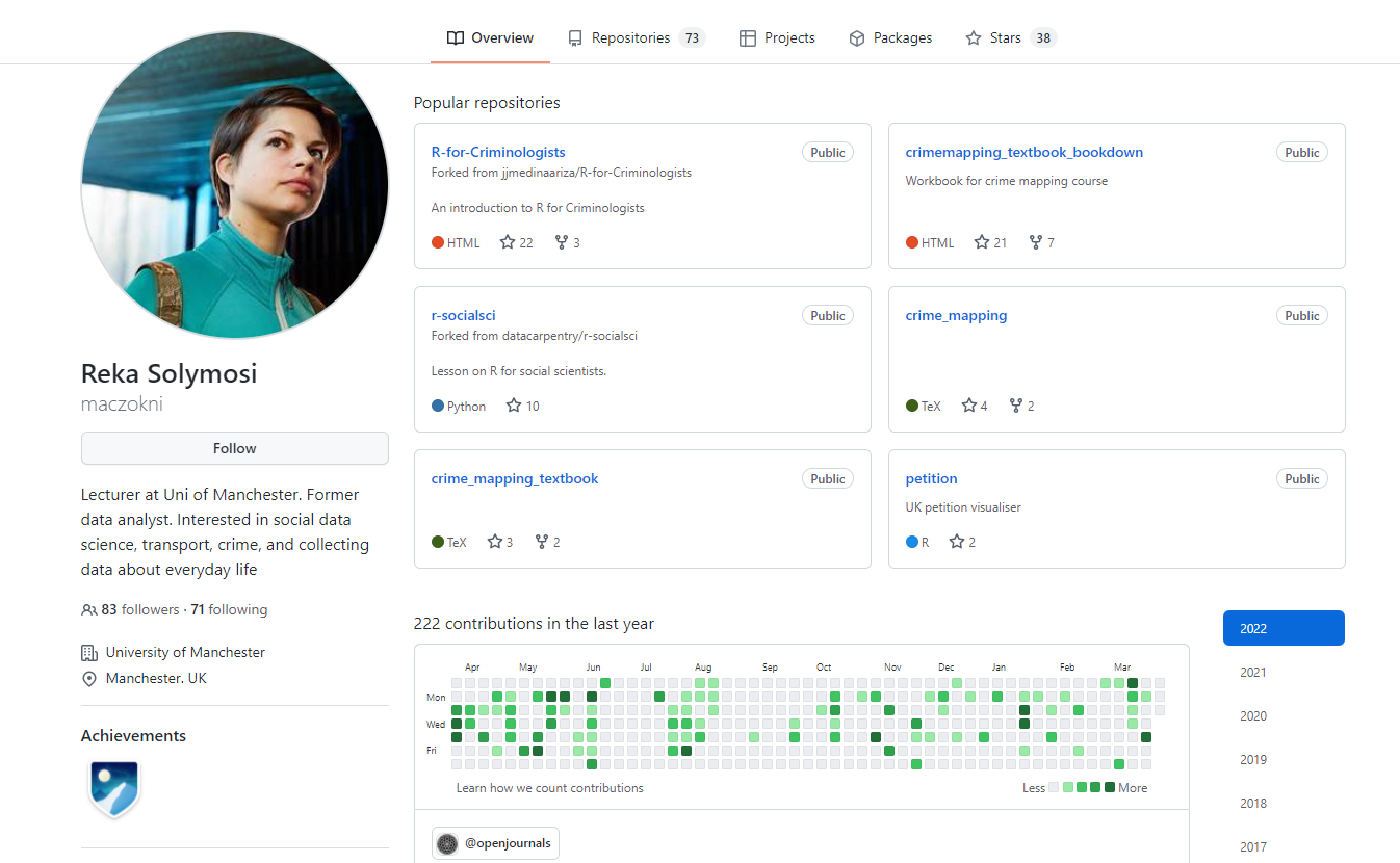 Screenshot of Reka Solymosi's GitHub Profile