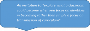 Textbook with the words 'An invitation to explore what a classroom could become when you focus on identities in becoming rather than simply a focus on transmission of curriculum