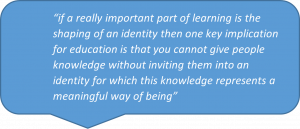 A text box saying 'if a really important part of learning is the shaping of an identity, then one key implication for education is that you cannot give people knowledge without inviting them into an identity for which this knowledge represents a meaningful way of being