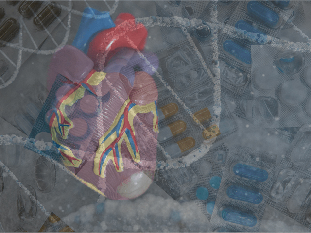 A composite image of a model of a human heart, a DNA strand and pills in blister packs