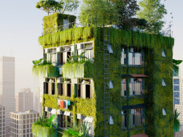3D render of a residential skyscraper with vertical plant growth. Conceptual green Eco-building in a modern city.