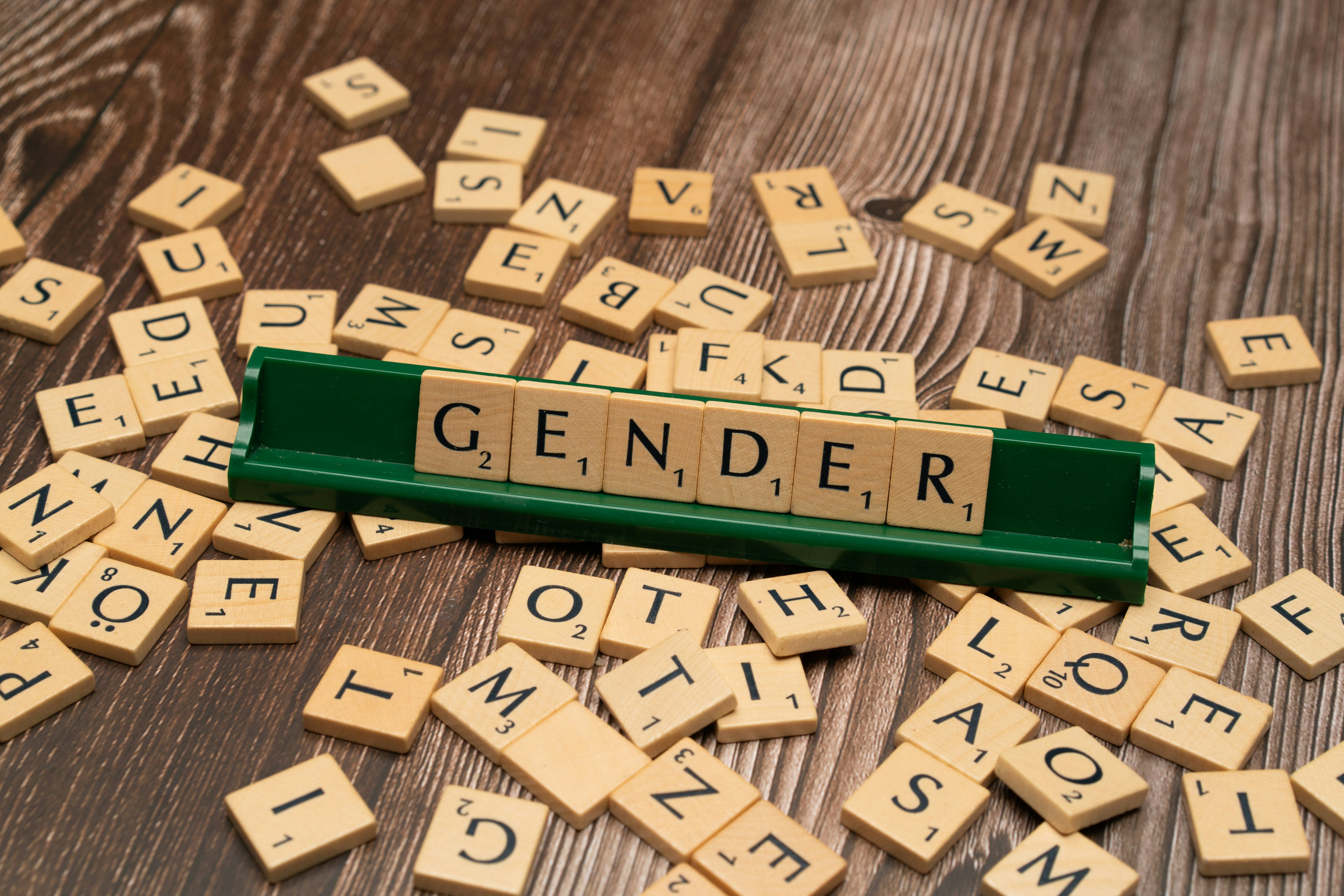 Scrabble tiles with the word GENDER on the player's tile stand