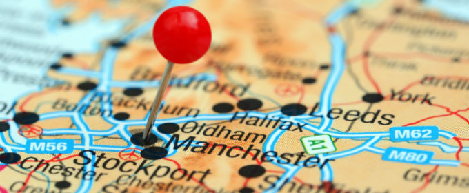 Map of Greater Manchester with a red map pin