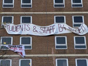 A banner on a building.