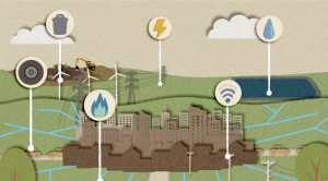 Comic-like 3D illustration of city outline against backdrop of hills, roads and power masts