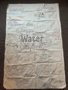 Large paper tablecloth with 'Water' written on it, complete with brainstorming notes and an illustration of water infrastructure