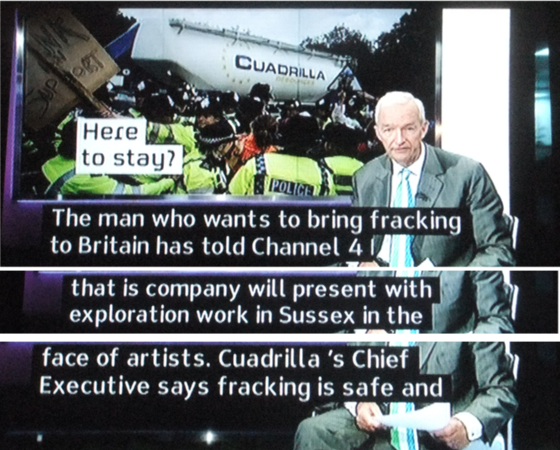 A video still of a news reporter, text and a photo of police in front of an oil tanker