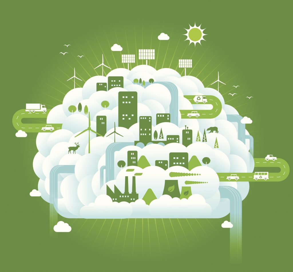 An abstract depiction of the Green Brain, featuring symbols related to sustainability and reflecting the main areas of SCI research.