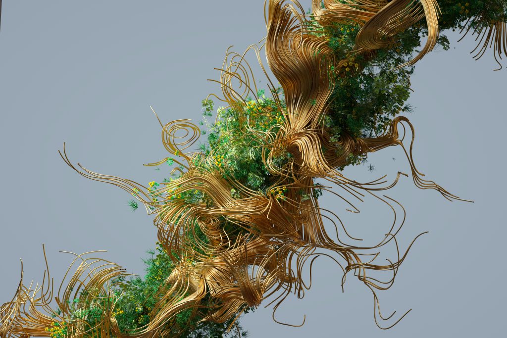 An abstract depiction of green plants and the flow of energy