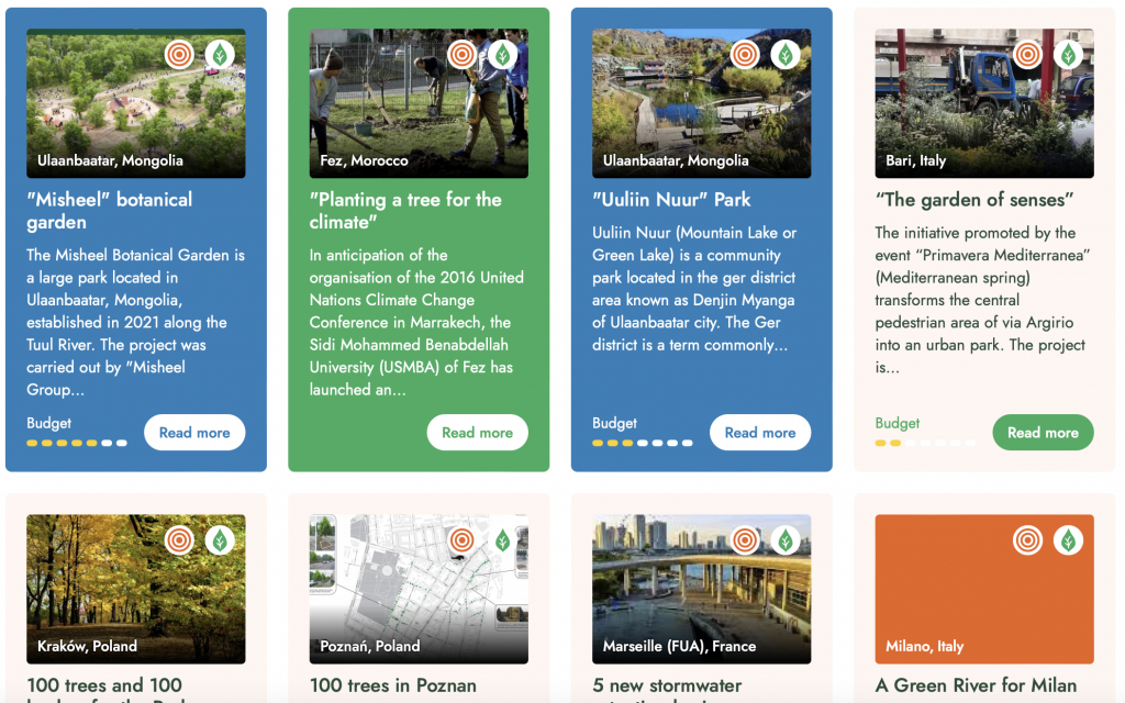 Screenshot from The Urban Nature Atlas website showcasing various Nature-Based Solutions